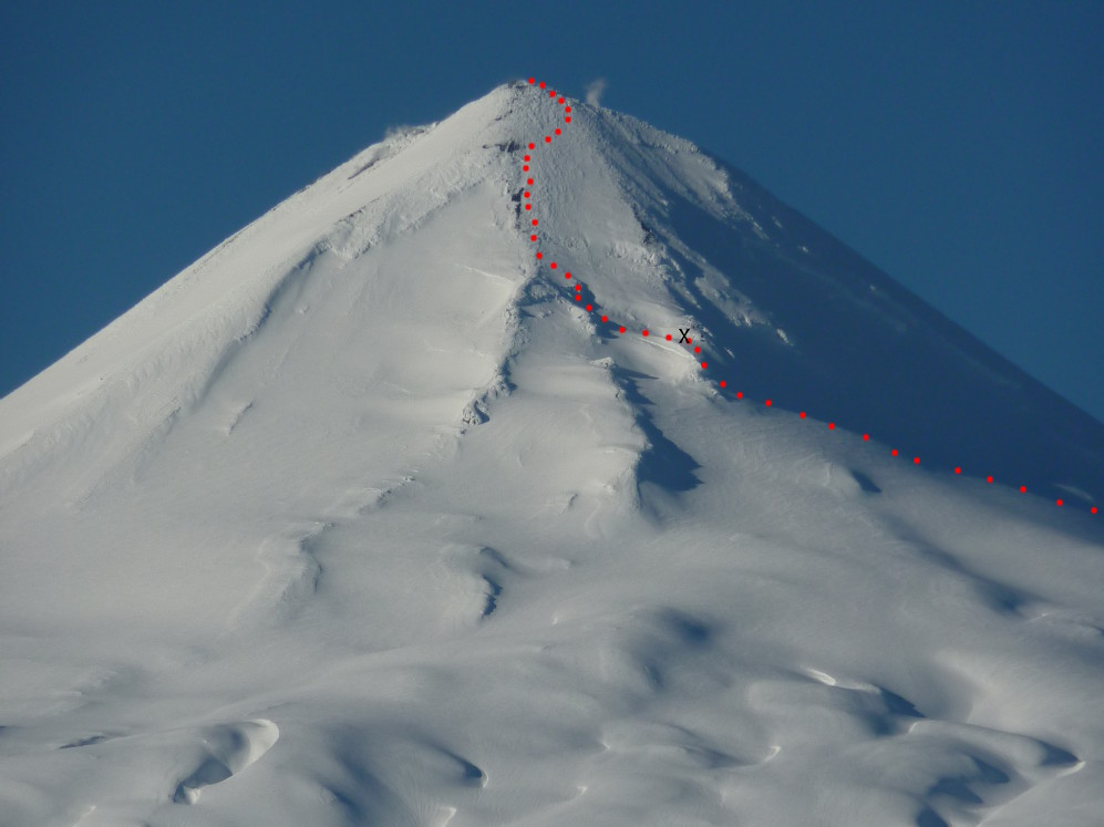 The upper section of our ascent route, viewed from the Ruta Interlagos. X marks the spot we dumped the skis.
