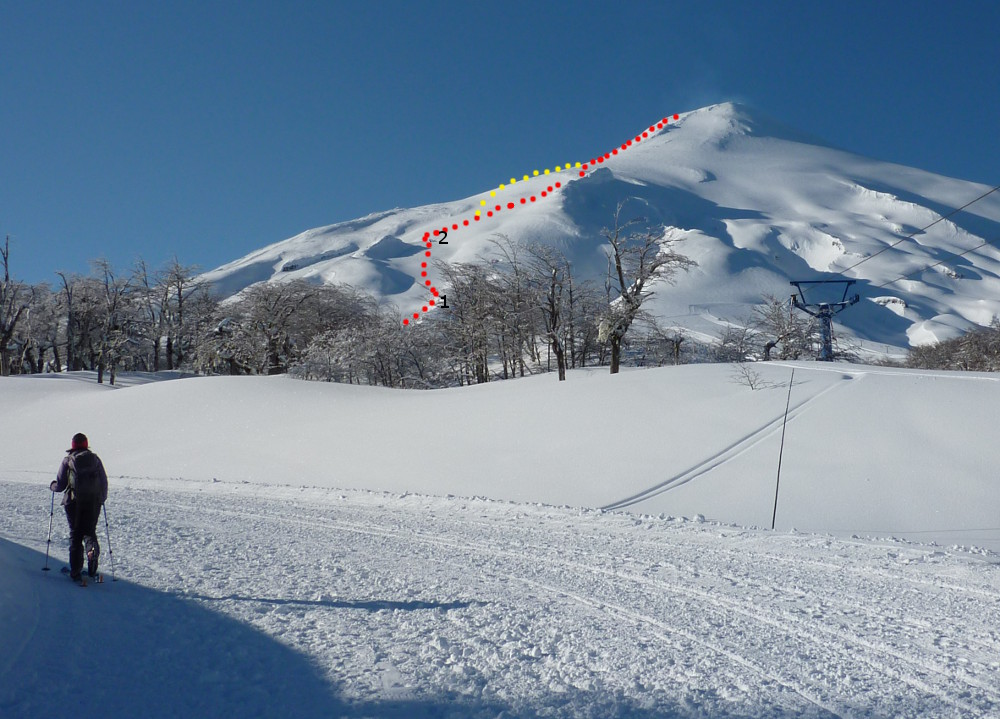 Volcan Villarrica.  1 is the top of the chairlift.  2 is the concrete top station from an old lift.  The yellow route is the alternative to our red route.