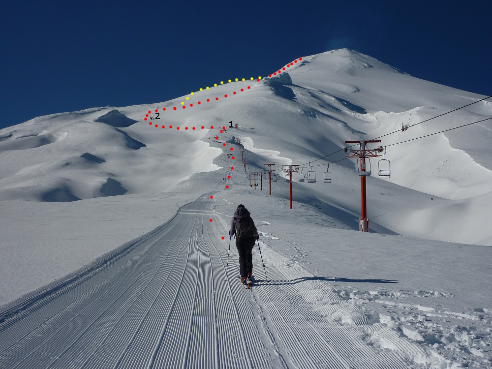 Volcan Villarrica.  1 is the top of the chairlift.  2 is the concrete top station from an old lift.  The yellow route is the alternative to our red route.